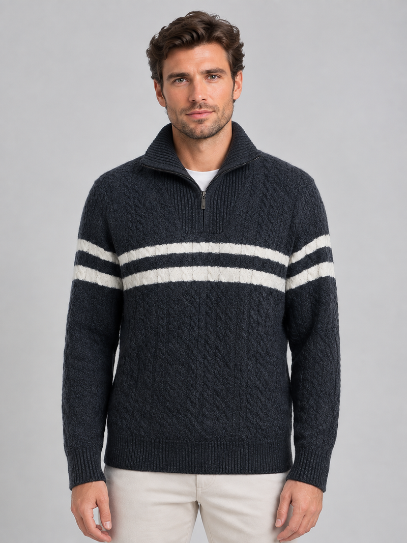 Men’s Wool Cable Knit Half-Zip Jumper – Striped High Neck Pullover