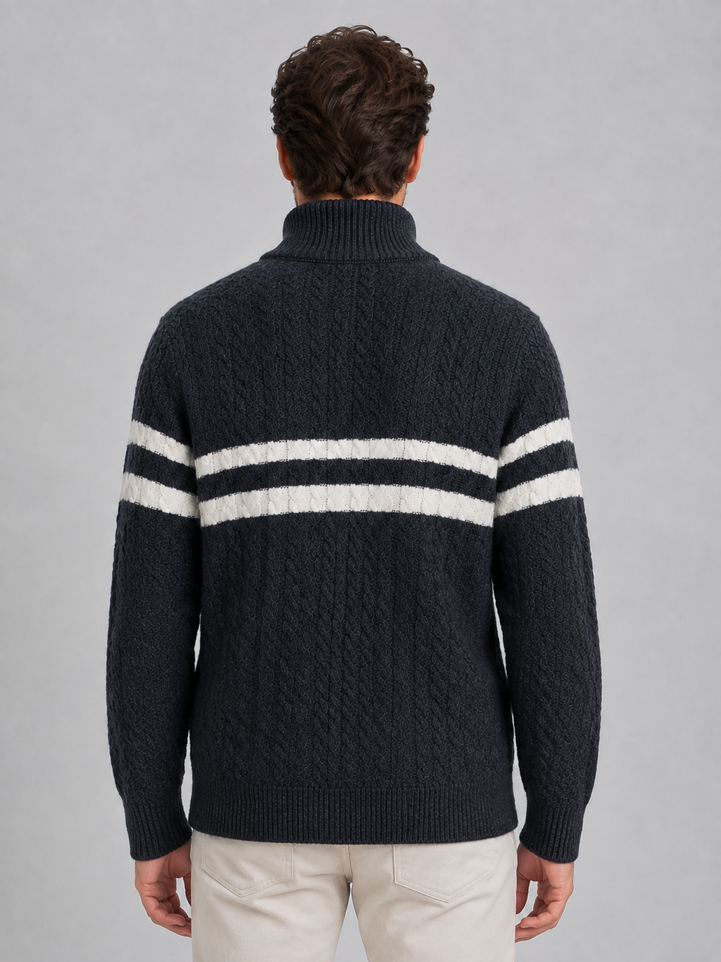 Men’s Wool Cable Knit Half-Zip Jumper – Striped High Neck Pullover