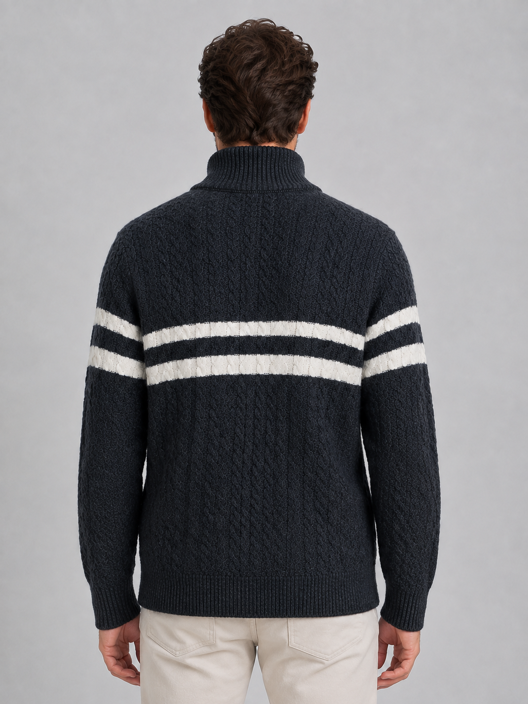 Men’s Wool Cable Knit Half-Zip Jumper – Striped High Neck Pullover