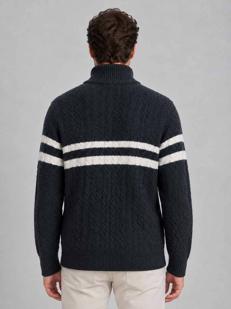Men’s Wool Cable Knit Half-Zip Jumper – Striped High Neck Pullover