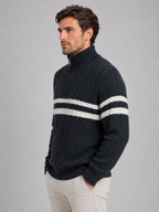 Men’s Wool Cable Knit Half-Zip Jumper – Striped High Neck Pullover