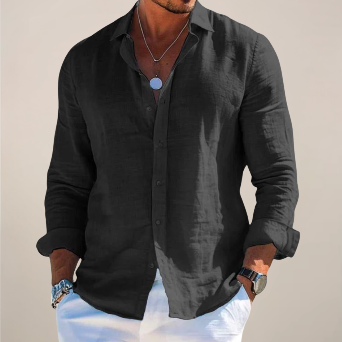 Men’s Linen-Look Long Sleeve Shirt – Relaxed Fit Summer Style