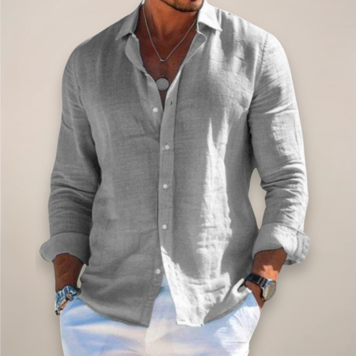 Men’s Linen-Look Long Sleeve Shirt – Relaxed Fit Summer Style