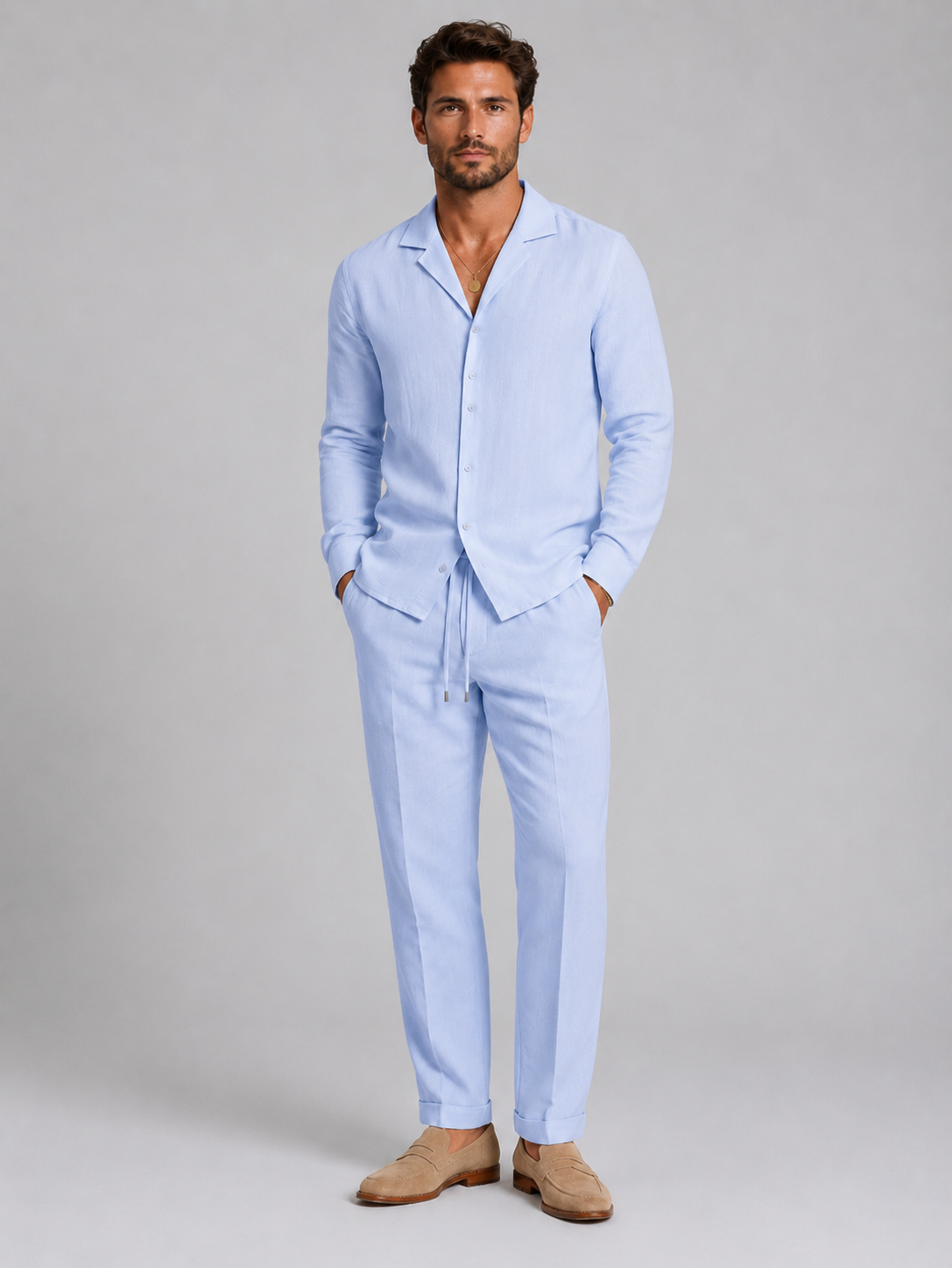Men’s Linen Style Shirt & Trousers Set – Relaxed Tailored Fit
