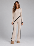 Women’s Ribbed Knit Co-Ord Set – Asymmetric Long Sleeve Top & Wide Leg Trousers