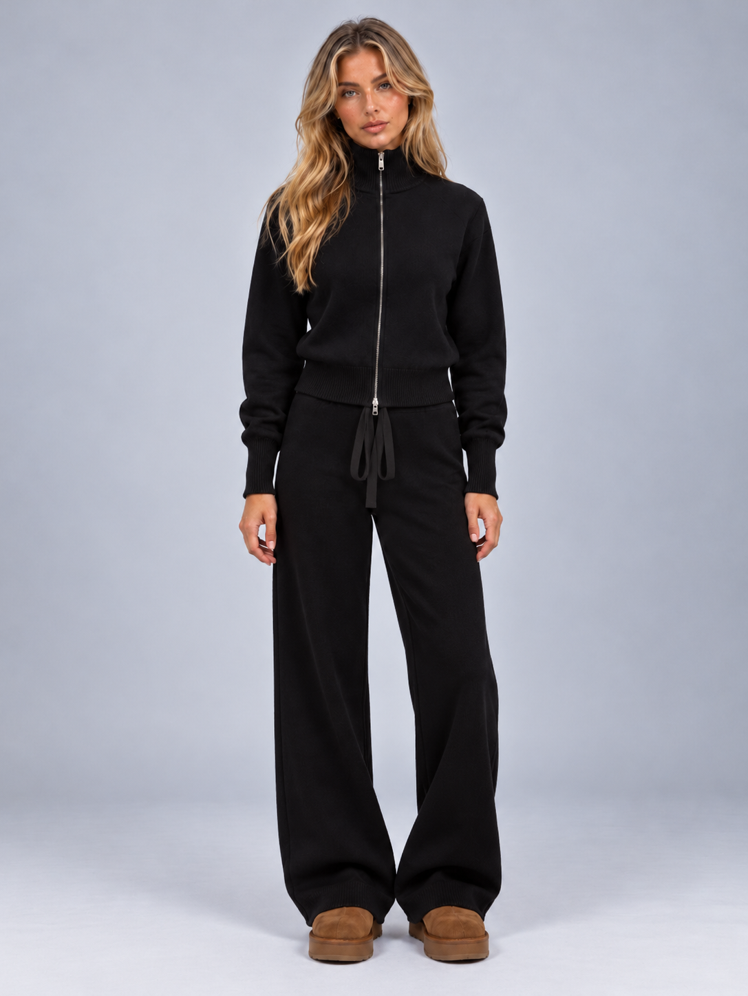Women’s Knitted Co-ord Set – Zip Up Cardigan & Wide Leg Trousers