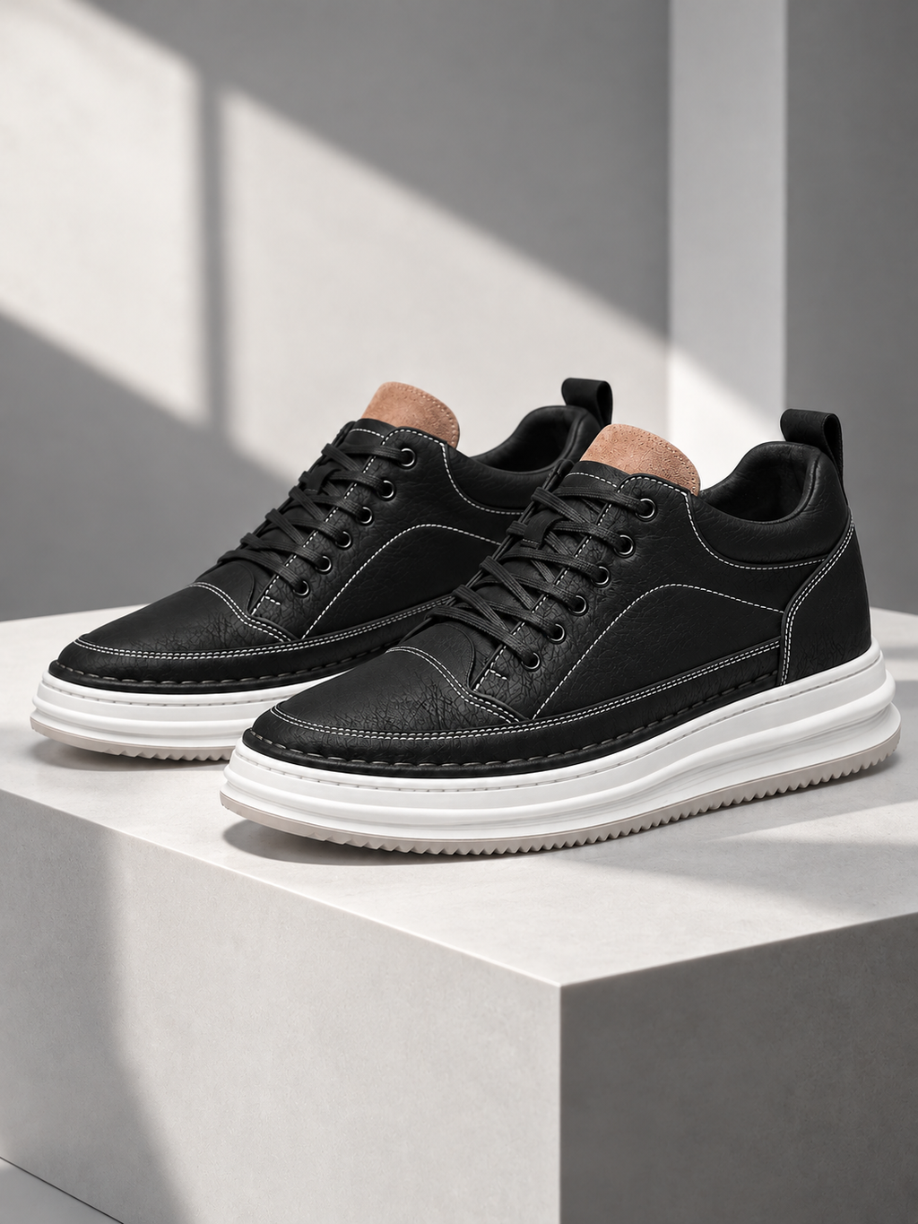 Men’s Leather Look Trainers – Lace Up Platform Sole Casual Shoes