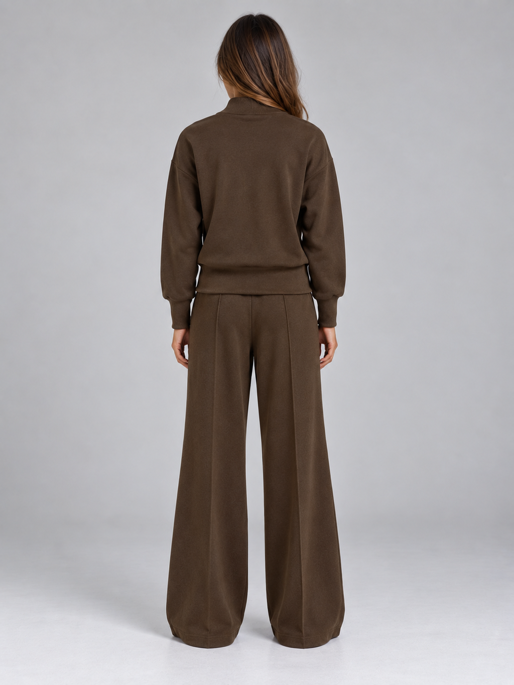 Women’s Half Zip Knit Co-Ord Set – Wide Leg Trousers Two-Piece Outfit