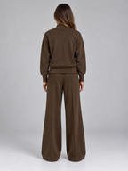 Women’s Half Zip Knit Co-Ord Set – Wide Leg Trousers Two-Piece Outfit