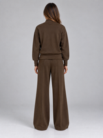 Women’s Half Zip Knit Co-Ord Set – Wide Leg Trousers Two-Piece Outfit