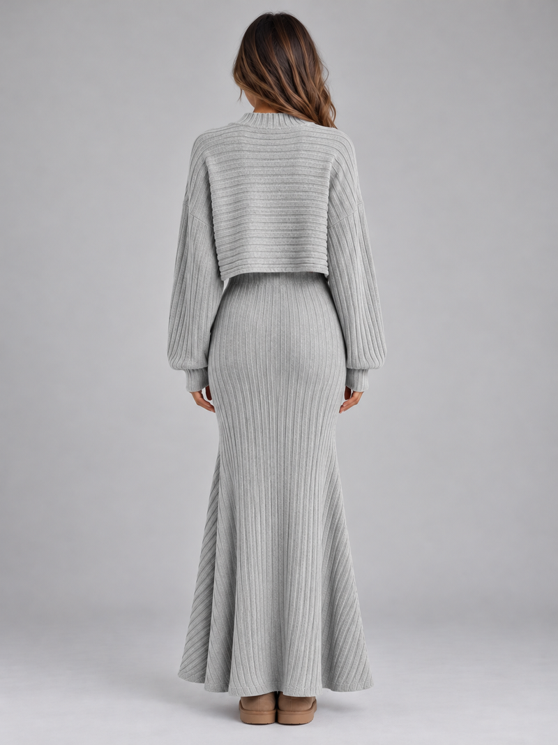 Women’s Ribbed Knit Co-Ord Set – Cropped Jumper & Maxi Skirt