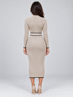 Women’s Ribbed Knit Midi Dress – High Neck Belted Jumper Dress