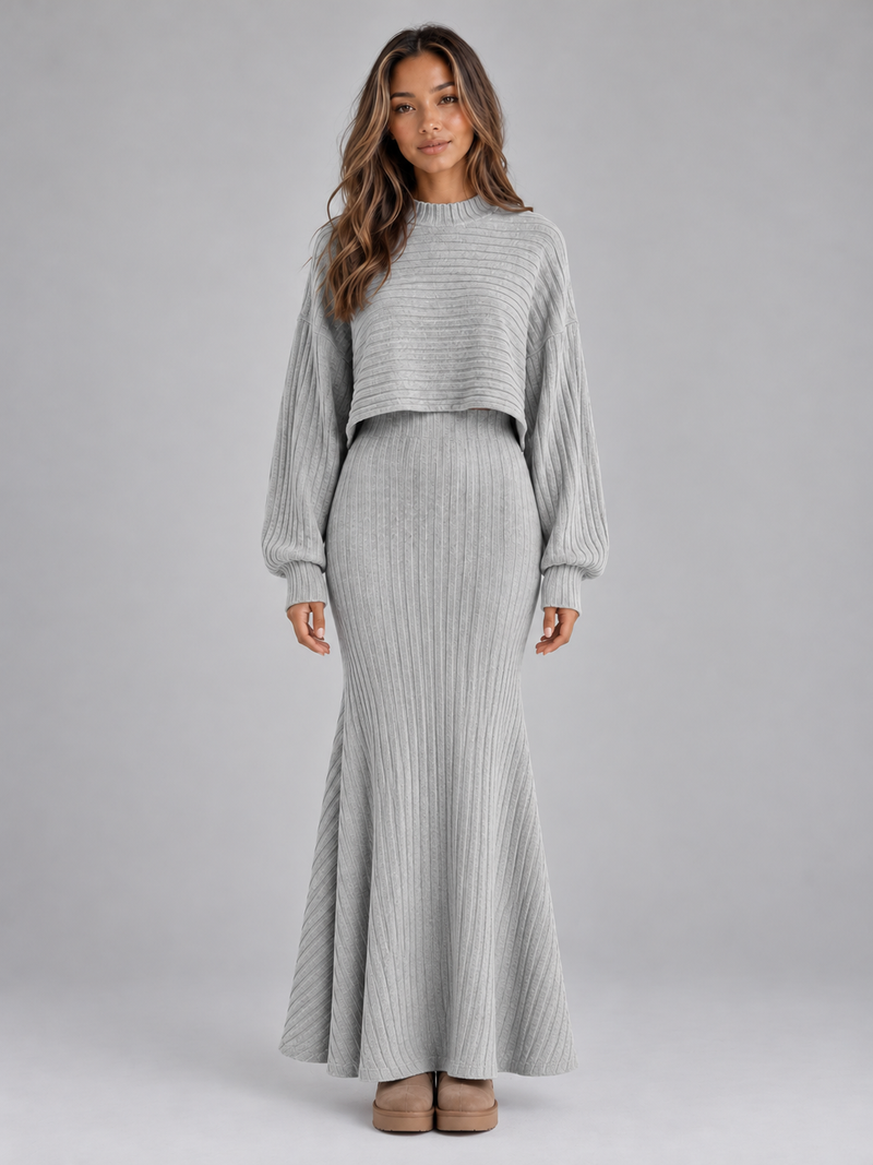 Women’s Ribbed Knit Co-Ord Set – Cropped Jumper & Maxi Skirt