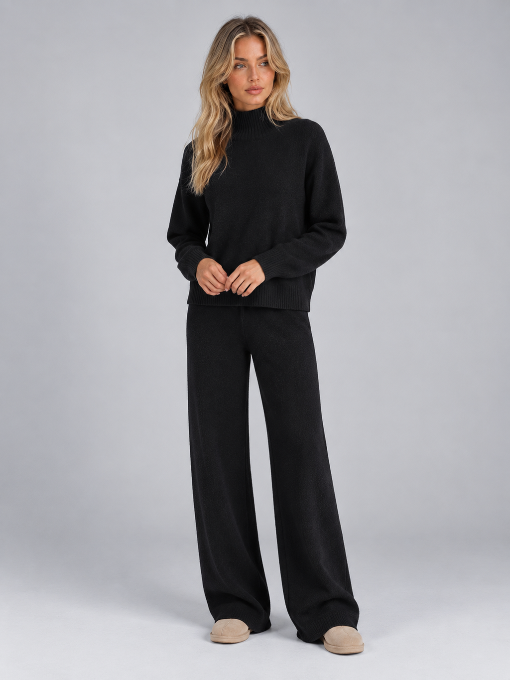 Women’s Wool Knit Co-Ord Set – Roll Neck Jumper & Wide Leg Trousers
