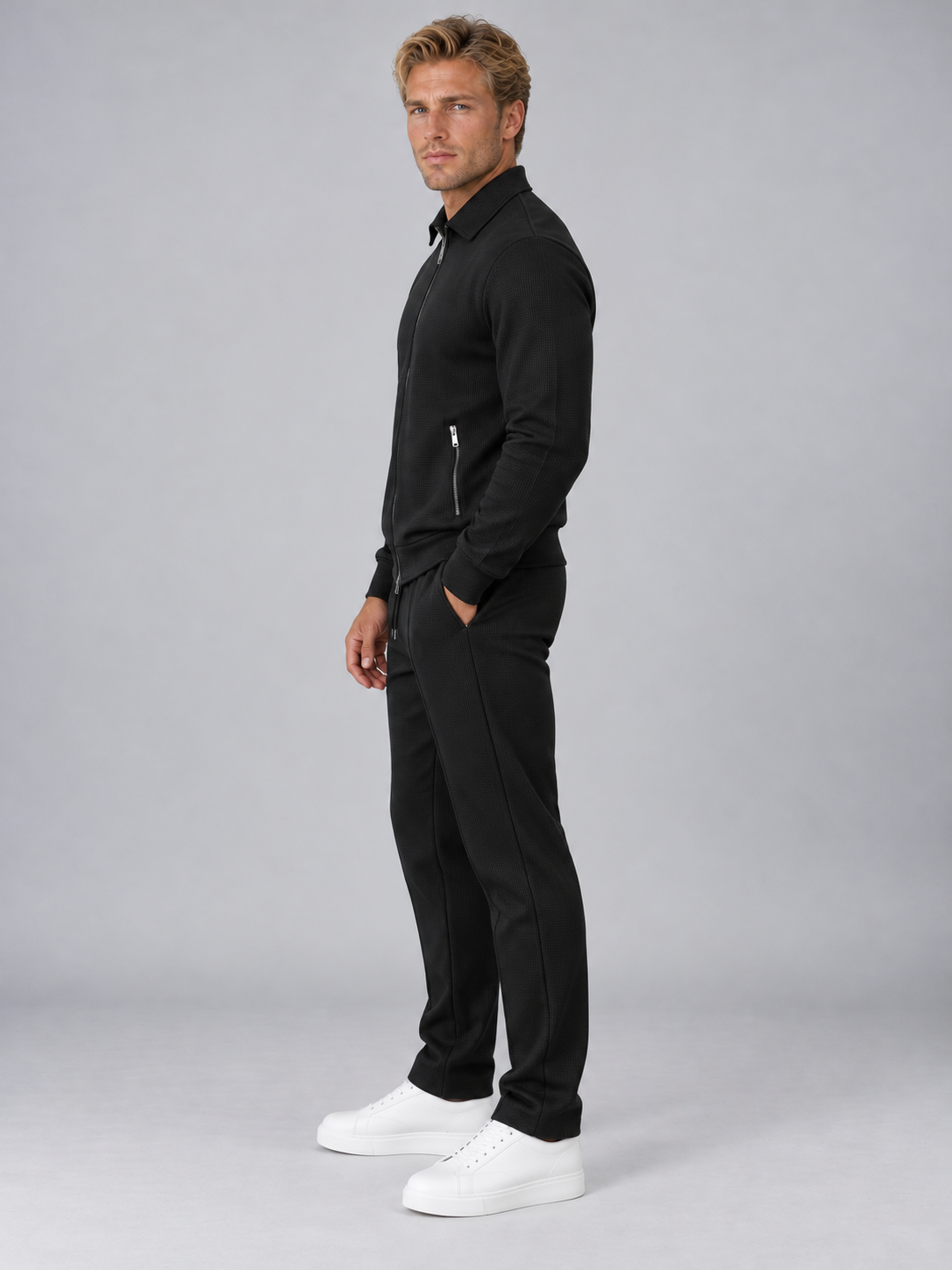 Men’s Textured Full Zip Tracksuit Set
