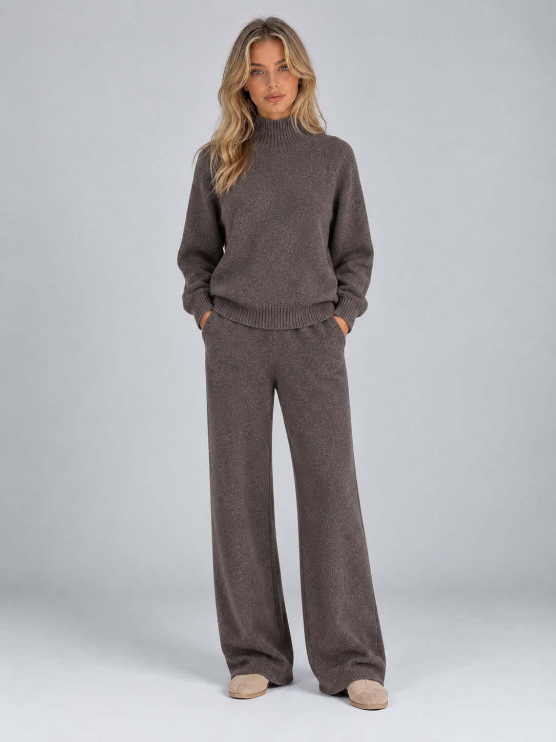 Women’s Wool Knit Co-Ord Set – Roll Neck Jumper & Wide Leg Trousers