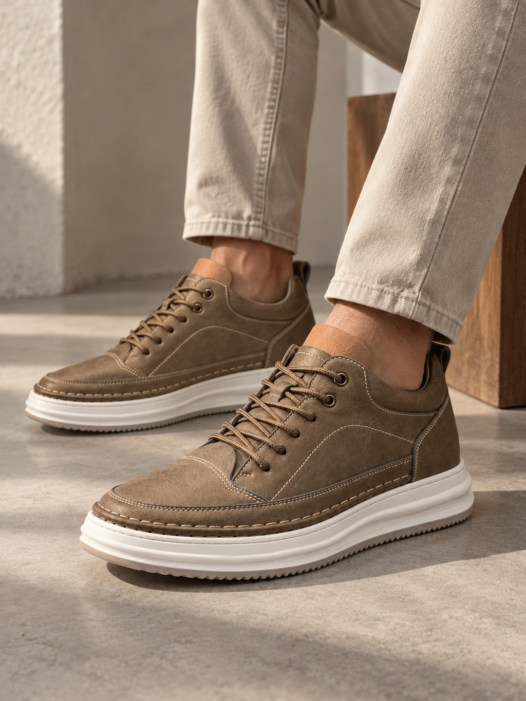 Men’s Leather Look Trainers – Lace Up Platform Sole Casual Shoes