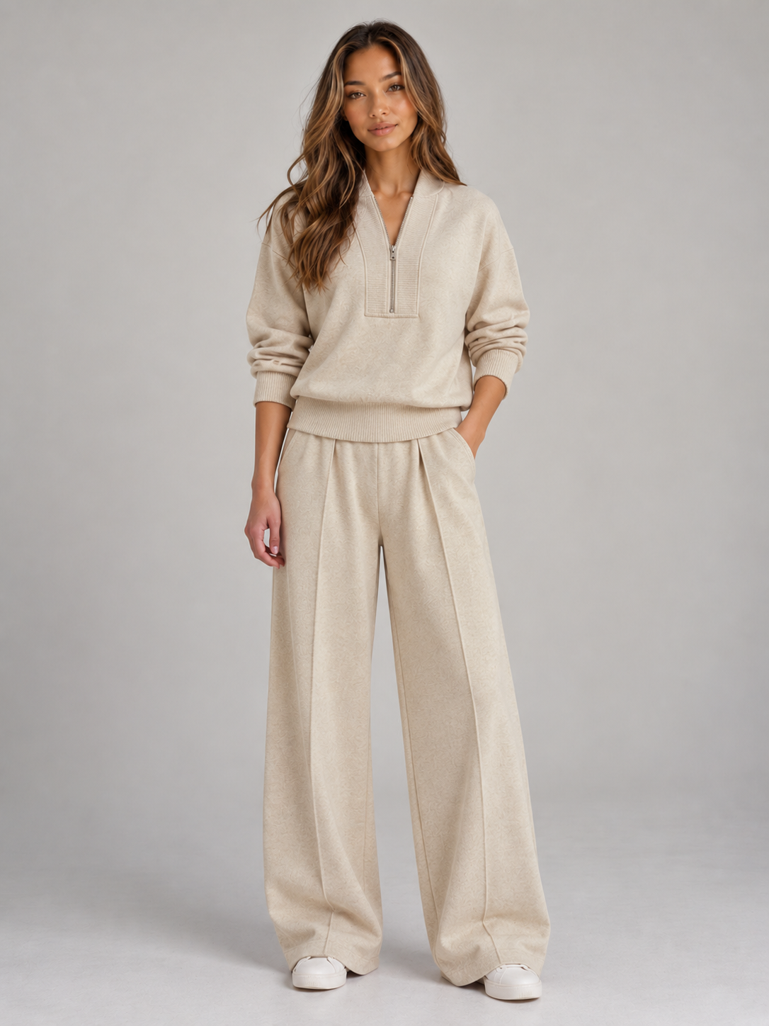 Women’s Half Zip Knit Co-Ord Set – Wide Leg Trousers Two-Piece Outfit