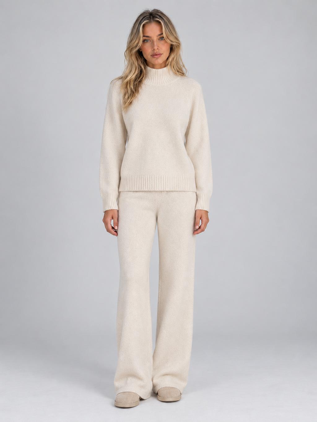 Women’s Wool Knit Co-Ord Set – Roll Neck Jumper & Wide Leg Trousers