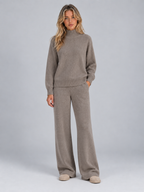 Women’s Wool Knit Co-Ord Set – Roll Neck Jumper & Wide Leg Trousers