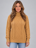 Women’s Cable Knit Roll Neck Jumper – Chunky Long Sleeve Knitted Sweater