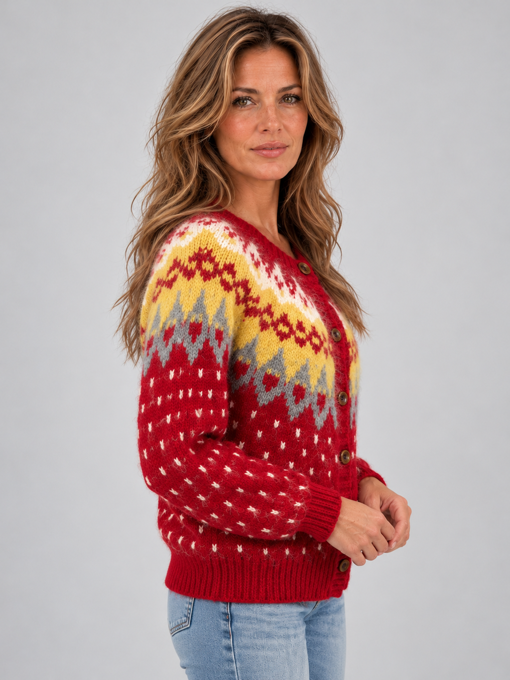 Women’s Fair Isle Knitted Cardigan – Fluffy Button Up Winter Jumper