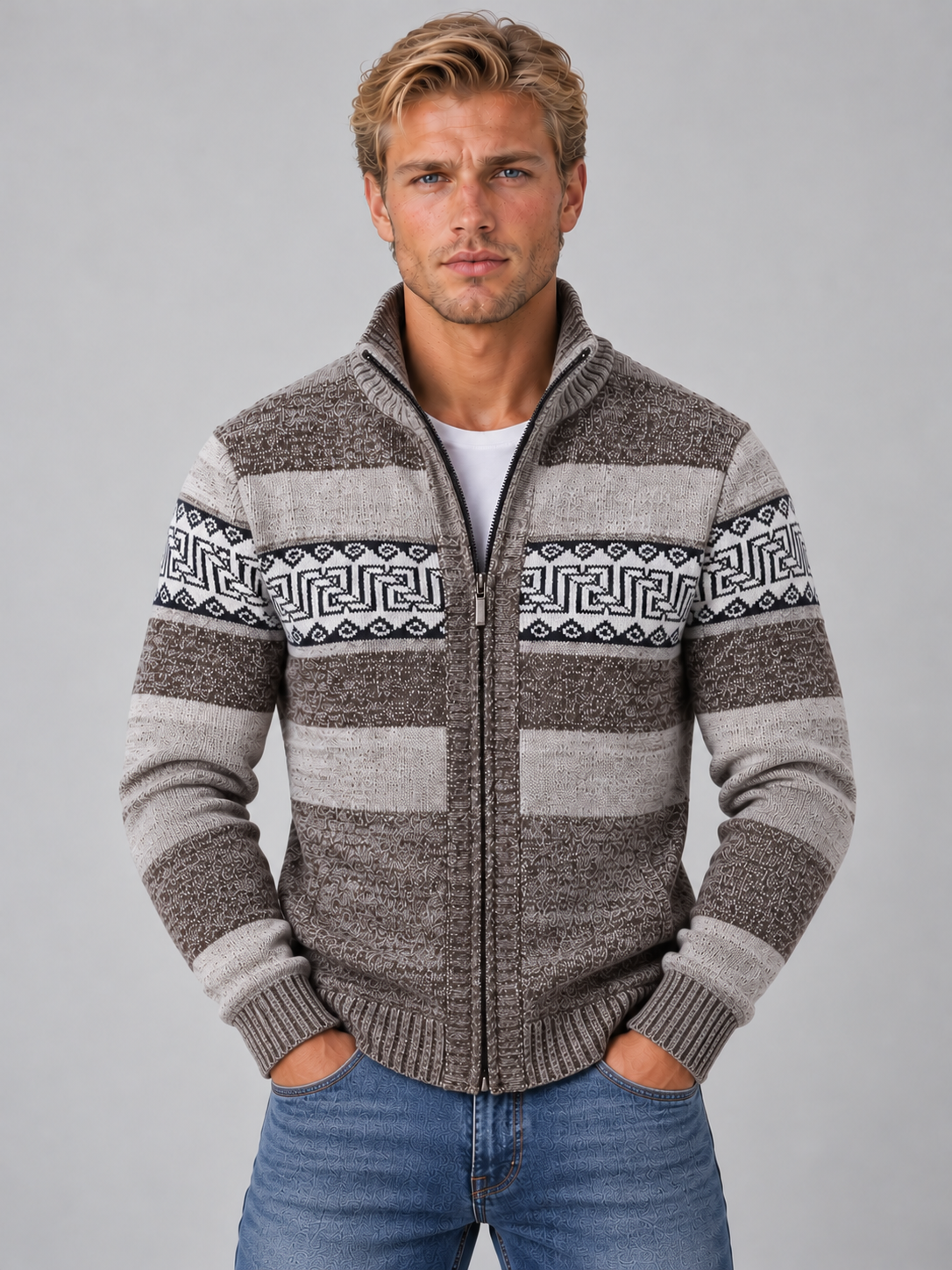 Men’s Full Zip Knitted Cardigan – High Neck Jumper