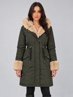 Women’s Faux Fur Lined Hooded Parka – Drawstring Waist Winter Coat
