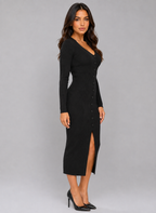 Women’s Ribbed Knitted Midi Dress – Slim Fit Button Front