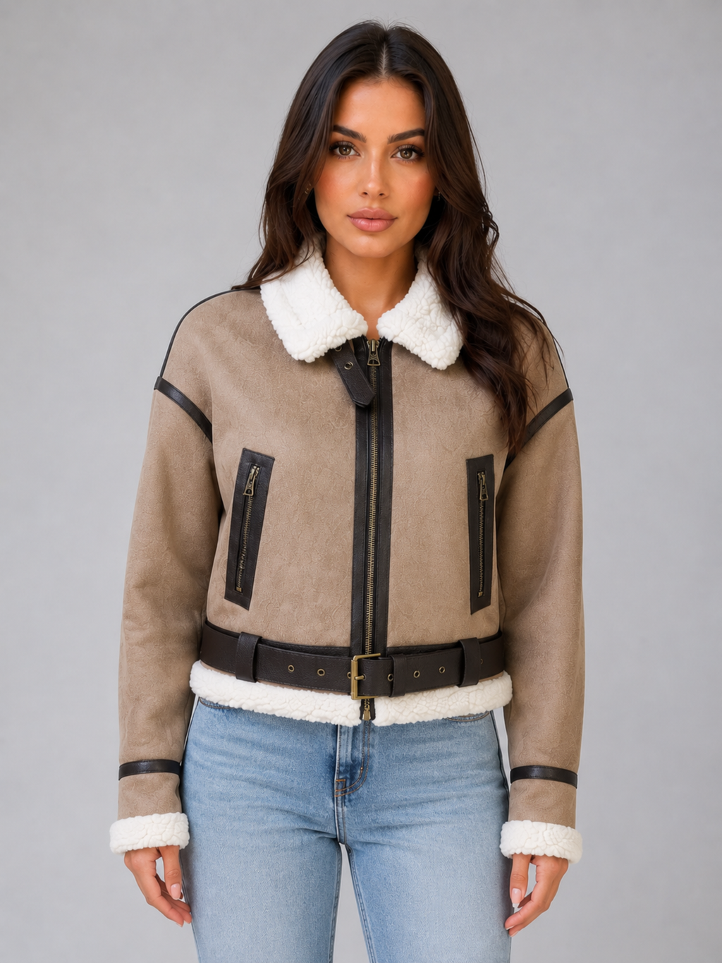 Women's Suede Look Cropped Aviator Jacket – Teddy Lined Biker Coat