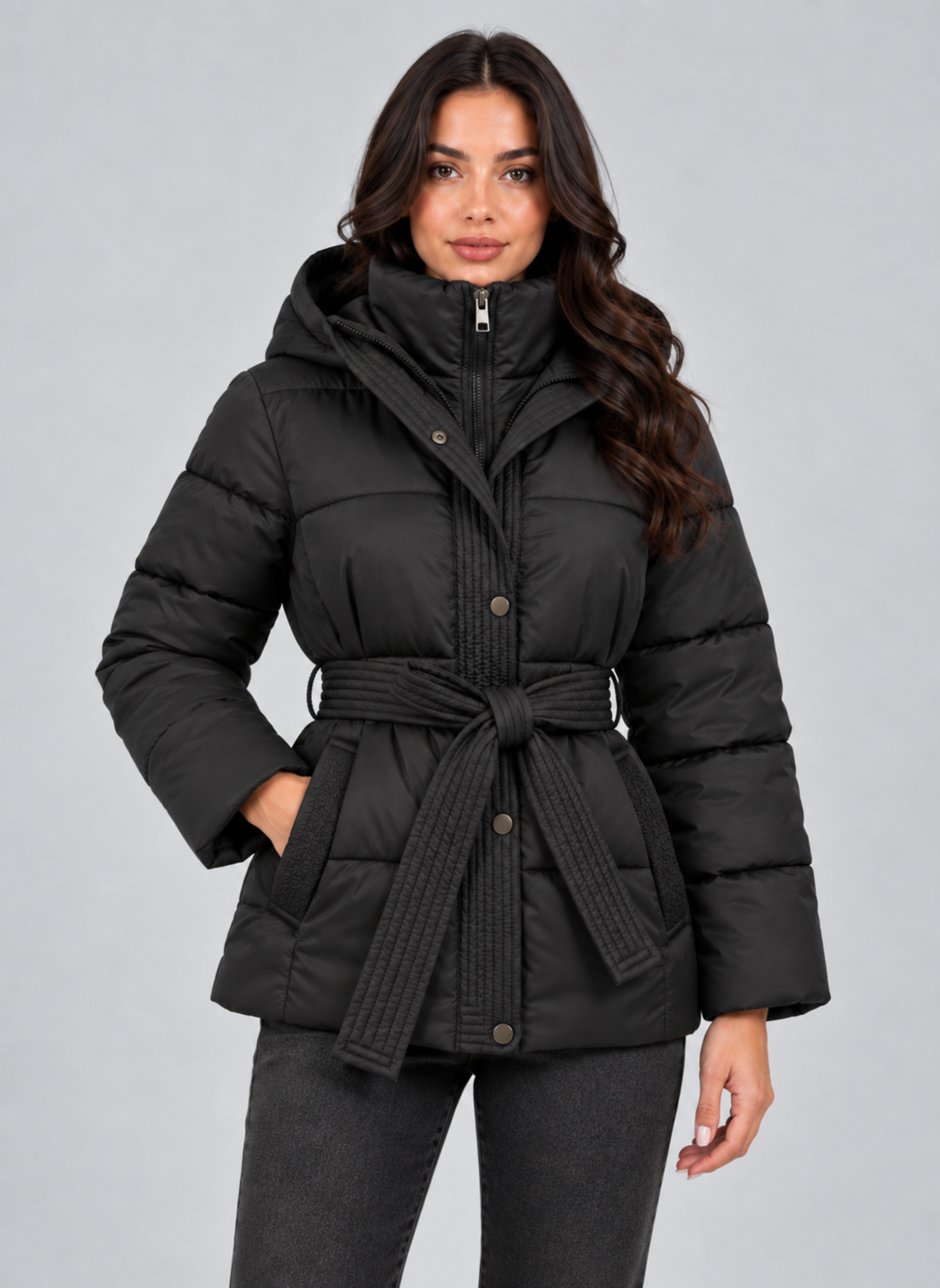 Women’s Hooded Puffer Jacket – Quilted Belted Winter Coat