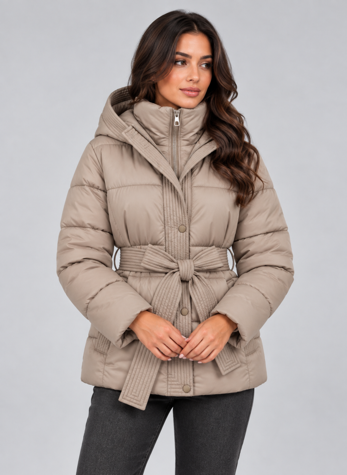 Women’s Hooded Puffer Jacket – Quilted Belted Winter Coat