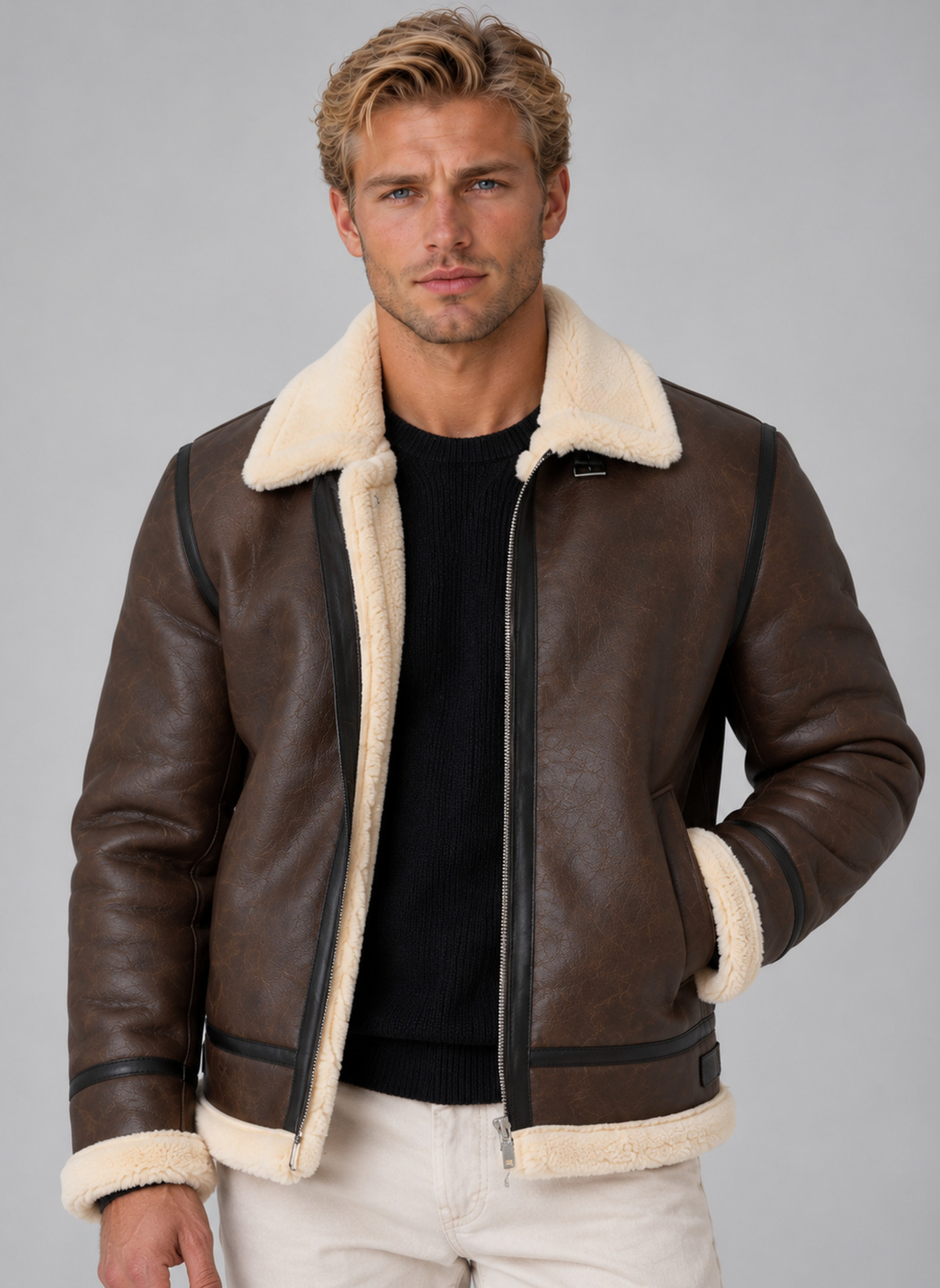 Men’s Faux Leather Aviator Jacket – Sherpa Lined Full Zip Coat