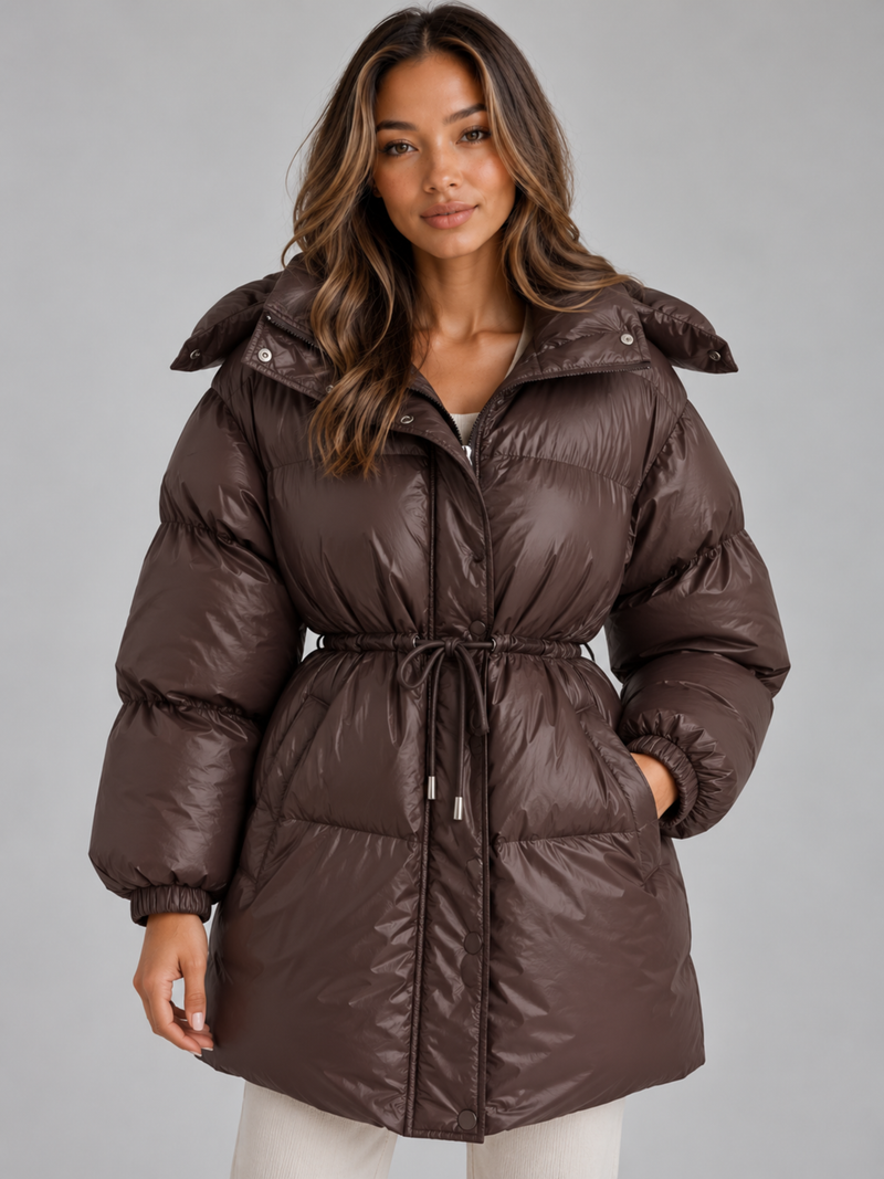 Women’s Hooded Puffer Coat – Padded Drawstring Waist
