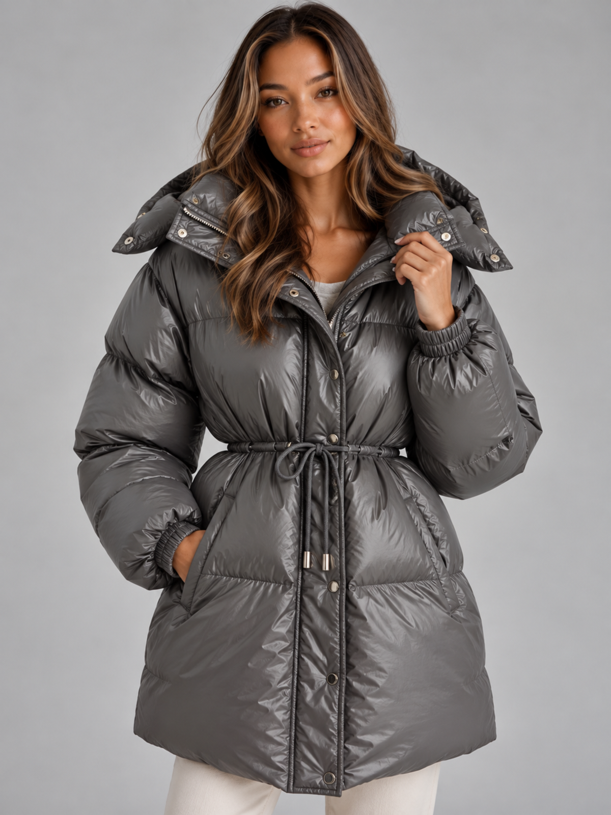 Women’s Hooded Puffer Coat – Padded Drawstring Waist