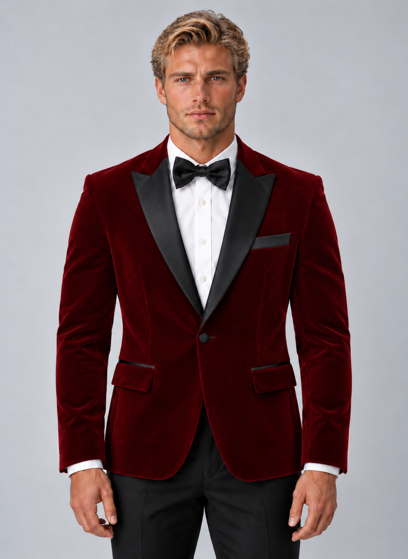 Men’s Velvet Tuxedo Blazer – Black Satin Lapel Formal Dinner Jacket