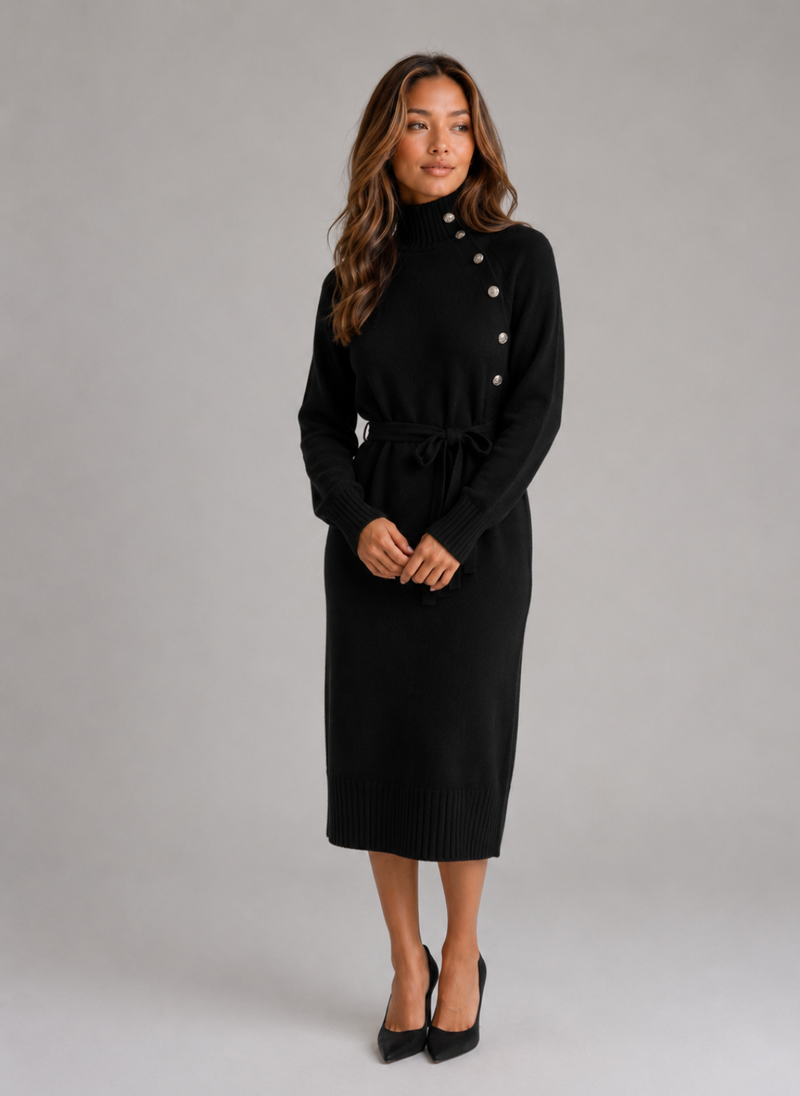 Women’s Cotton Knitted Midi Dress – Roll Neck Belted Jumper Dress