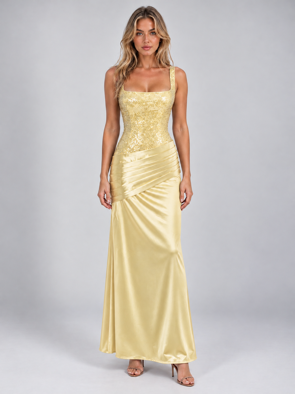 Women’s Embellished Corset Satin Look Maxi Dress – Lace-Up Evening Gown