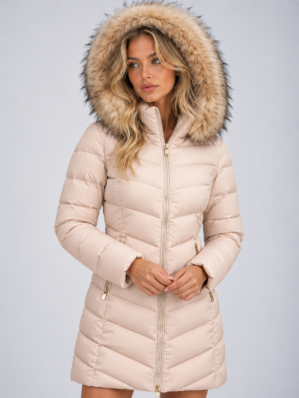Women’s Long Hooded Faux Fur Trim Puffer Coat
