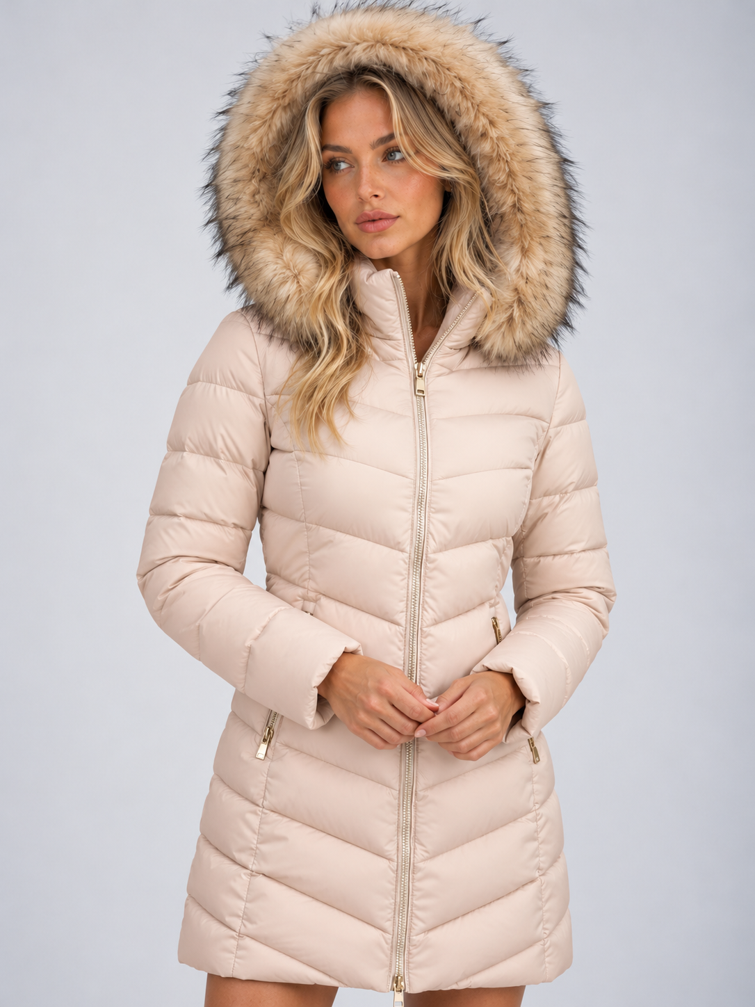 Women’s Long Hooded Faux Fur Trim Puffer Coat