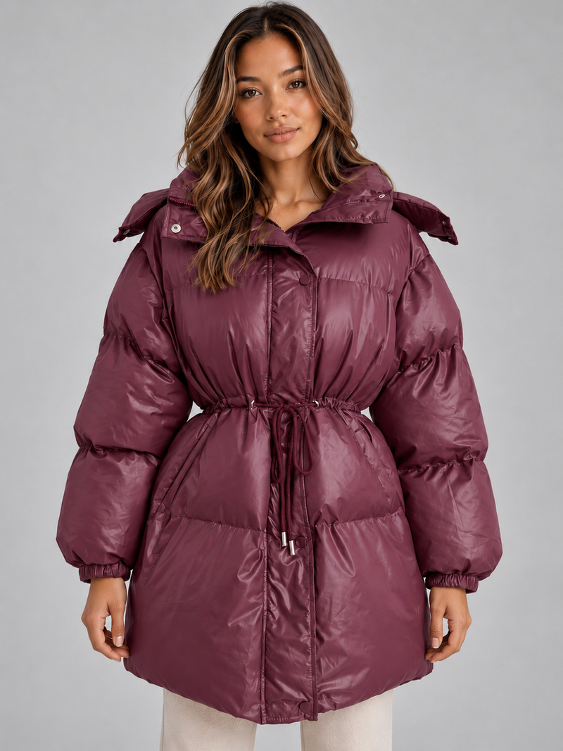 Women’s Hooded Puffer Coat – Padded Drawstring Waist