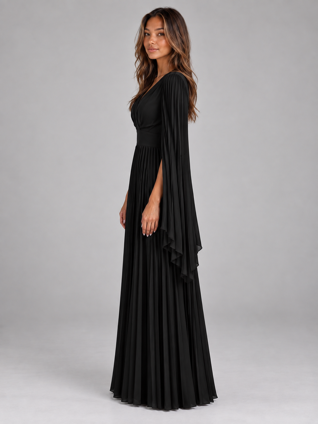 Women’s Pleated Maxi Dress – V-Neck Cape Sleeve Evening Gown