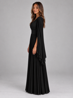 Women’s Pleated Maxi Dress – V-Neck Cape Sleeve Evening Gown