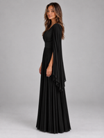 Women’s Pleated Maxi Dress – V-Neck Cape Sleeve Evening Gown
