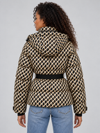 Women’s Patterned Belted Puffer Jacket – Hooded Padded Winter Coat
