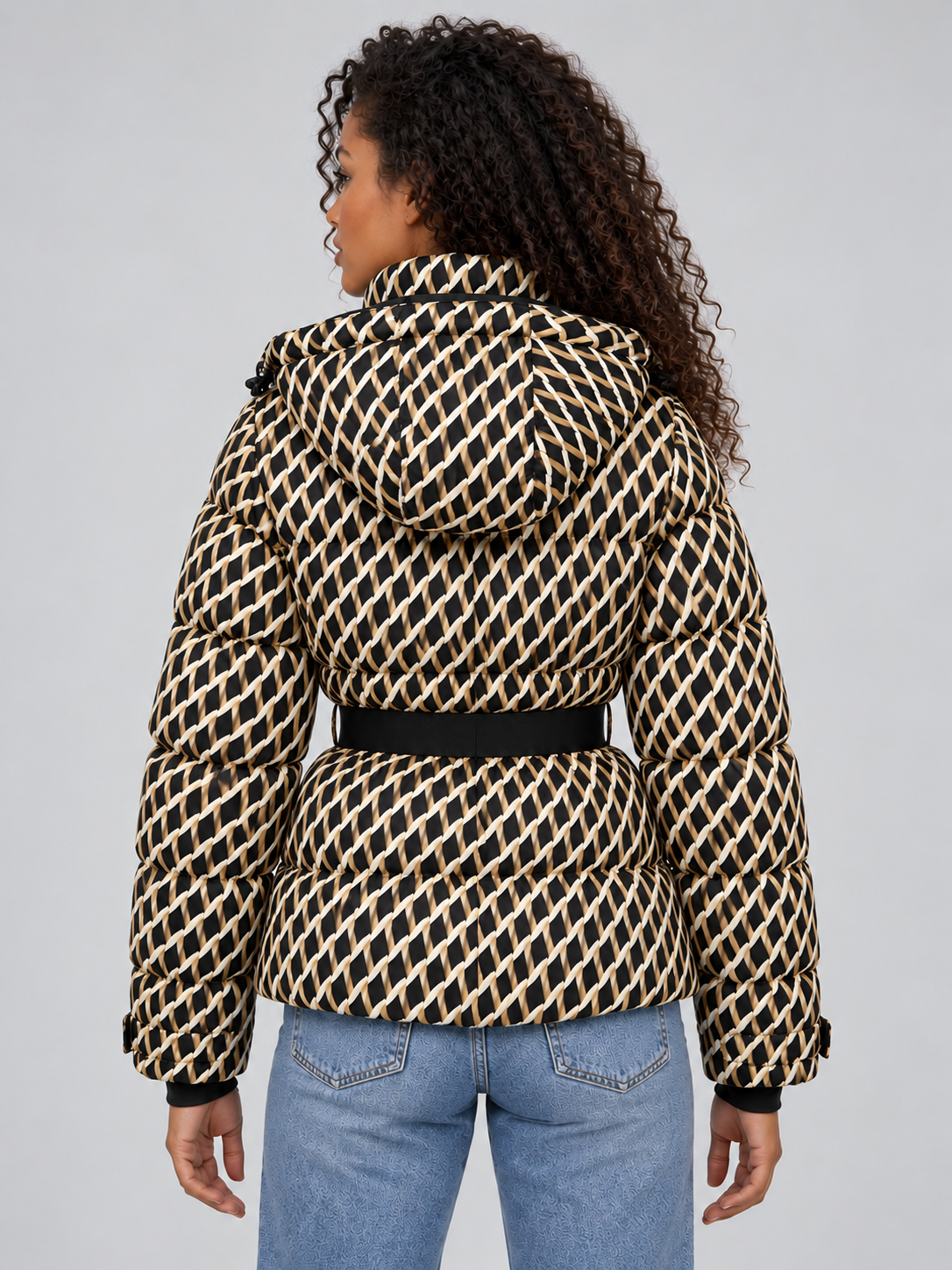 Women’s Patterned Belted Puffer Jacket – Hooded Padded Winter Coat