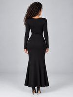 Women’s Square Neck Ruched Maxi Dress – Long Sleeve Evening Gown