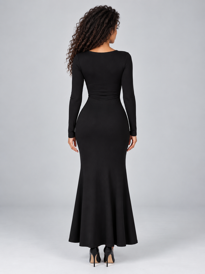 Women’s Square Neck Ruched Maxi Dress – Long Sleeve Evening Gown