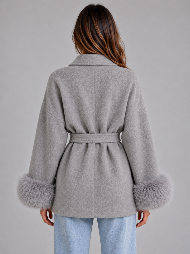 Women's Belted Wool Blend Coat – Faux Fur Trim Wrap Coat