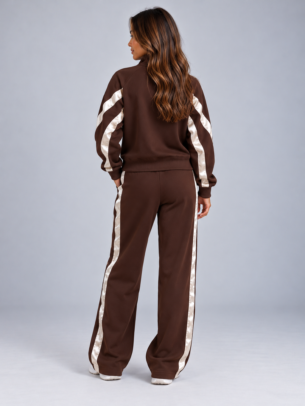 Women’s Zip Up Tracksuit Set – Striped Jacket & Wide Leg Joggers